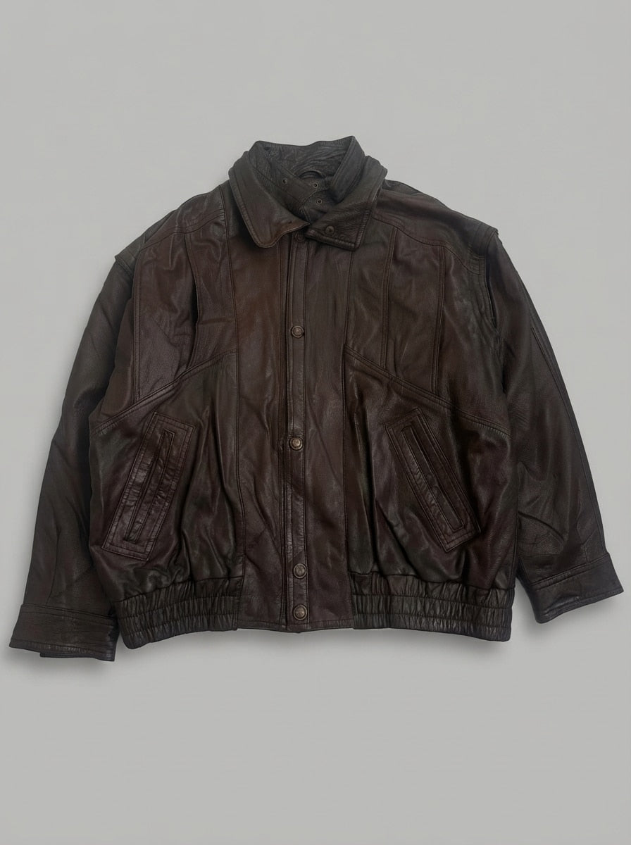 Brown leather harrington jacket, size XL, shown flat from the front. Printed lining.