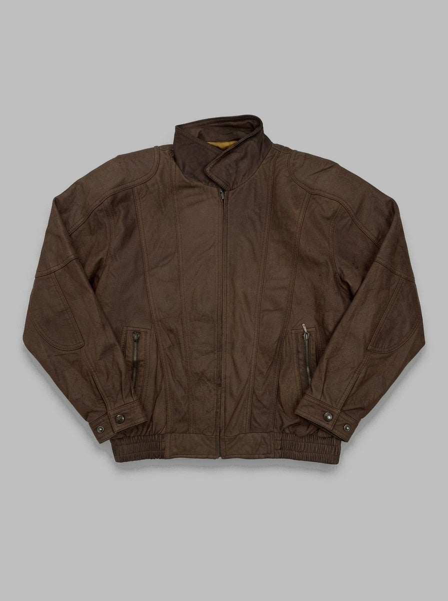 Brown leather flight jacket, size L, shown flat from the front. Contrast Suede Collar.