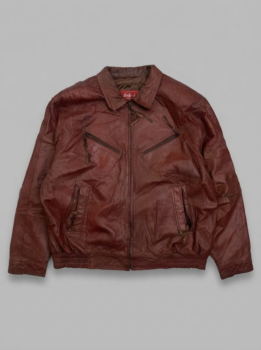 Burgundy leather harrington jacket, size XL, shown flat from the front. Diagonal Chest Zips.