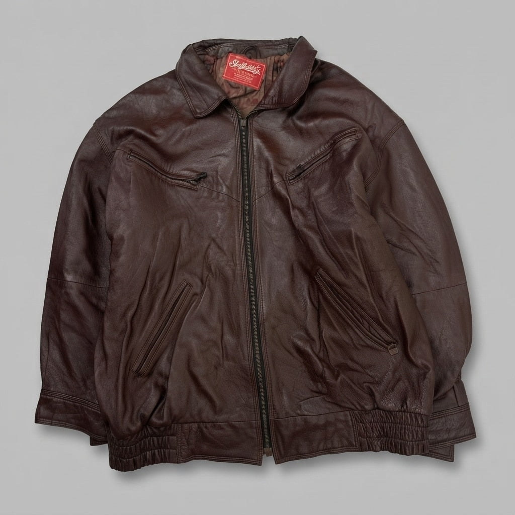 Burgundy leather harrington jacket, size L, shown flat from the front. Angled Zip Chest Pockets.