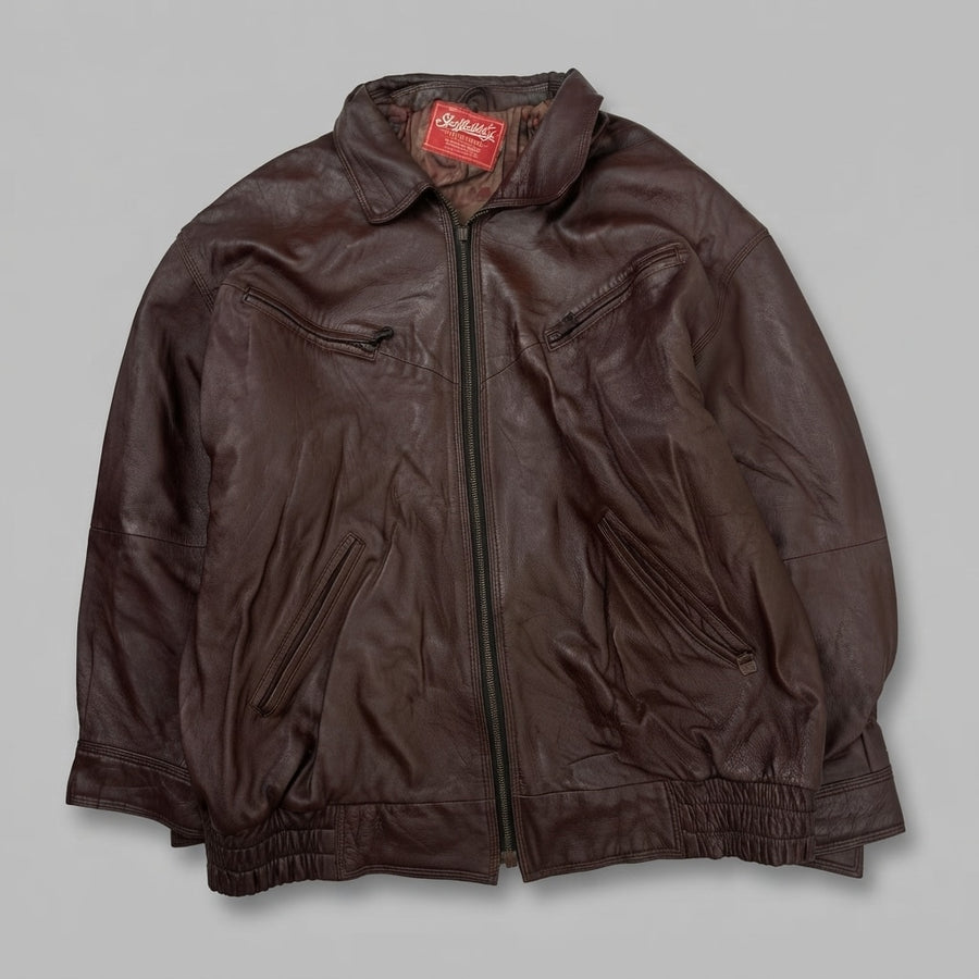Burgundy leather harrington jacket, size L, shown flat from the front. Angled Zip Chest Pockets.