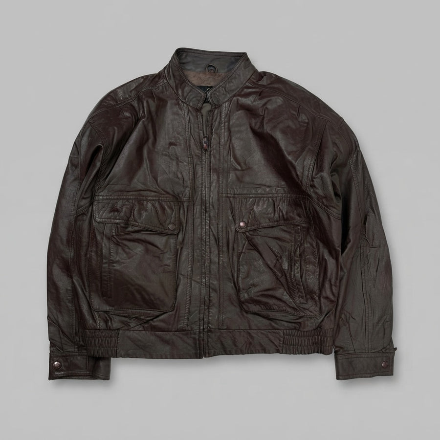 Burgundy leather flight jacket, size L, shown flat from the front. Snap Flap Pockets.