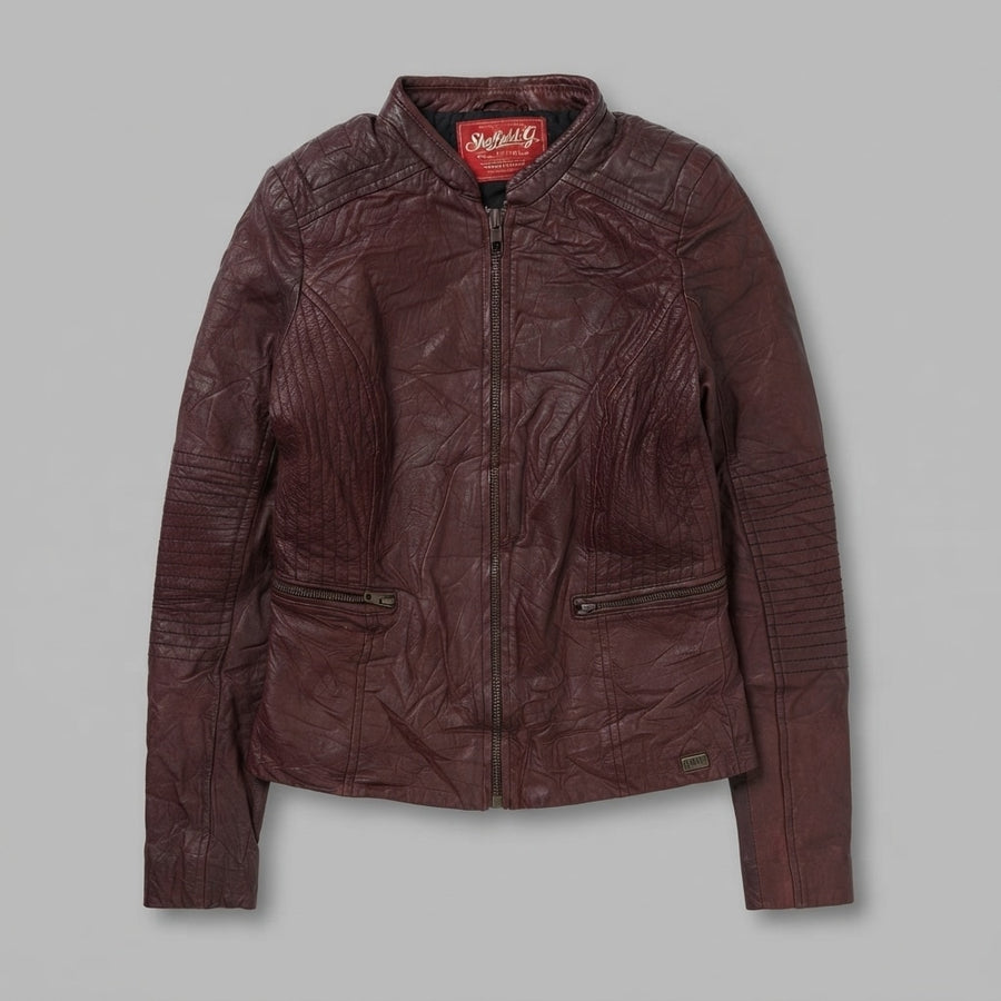 Burgundy leather cafe racer jacket, size XS, shown flat from the front. Ribbed Sleeve Panels.
