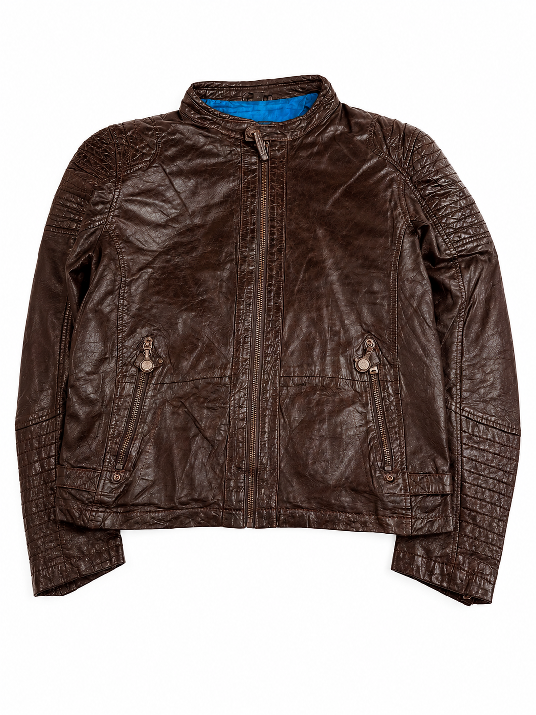 Back of the size M brown cafe racer jacket laid flat