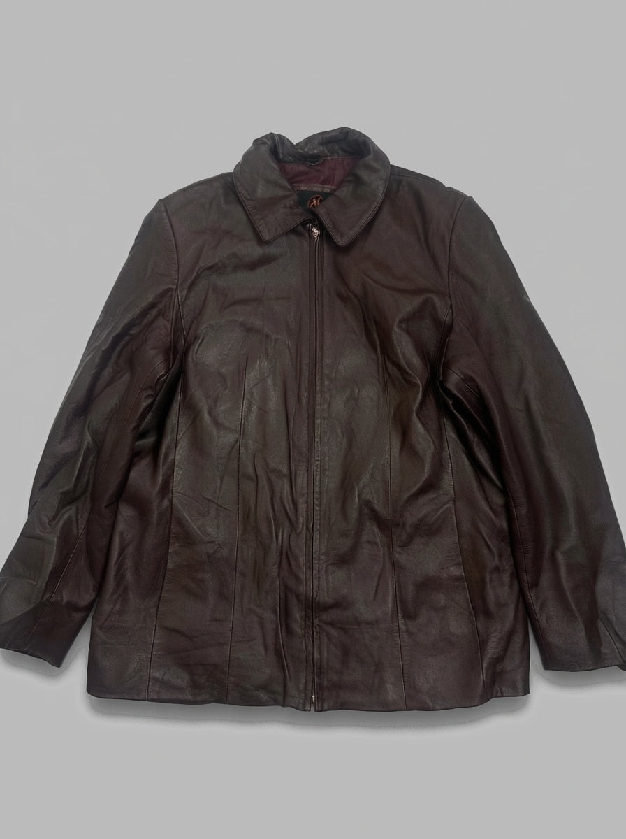 Burgundy leather vintage jacket, size L, shown flat from the front. Clean Zip Front.