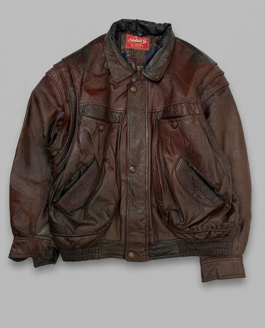 Burgundy leather flight jacket, size L, shown flat from the front. Pleated Hip Pockets.