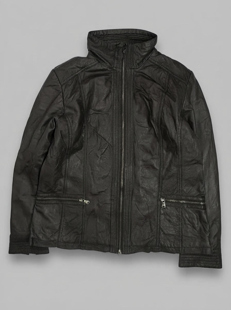 Brown leather cafe racer jacket, size S, shown flat from the front. Stitched Stand Collar.