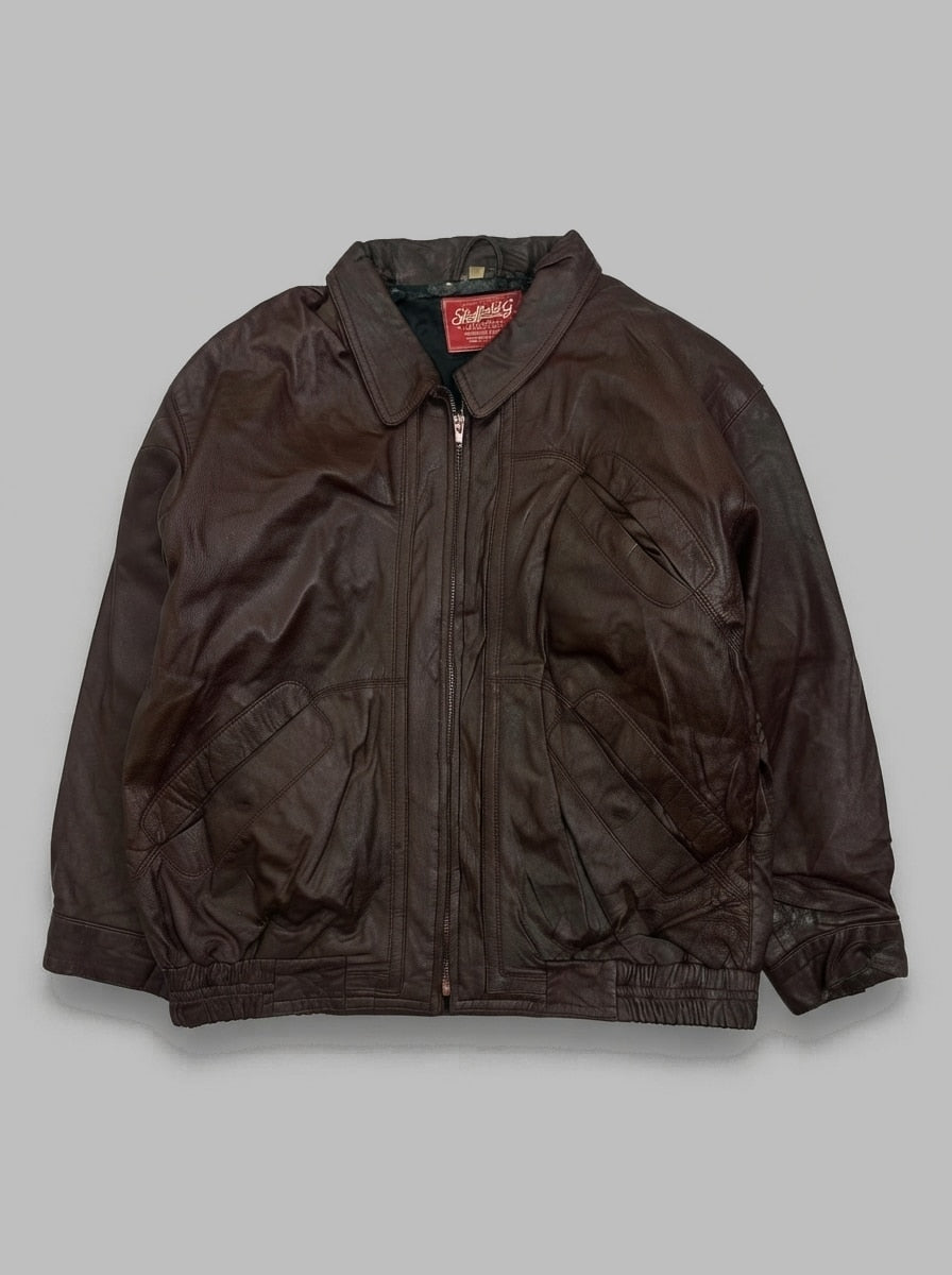 Burgundy leather flight jacket, size L, shown flat from the front. Quilted Flap Pockets.