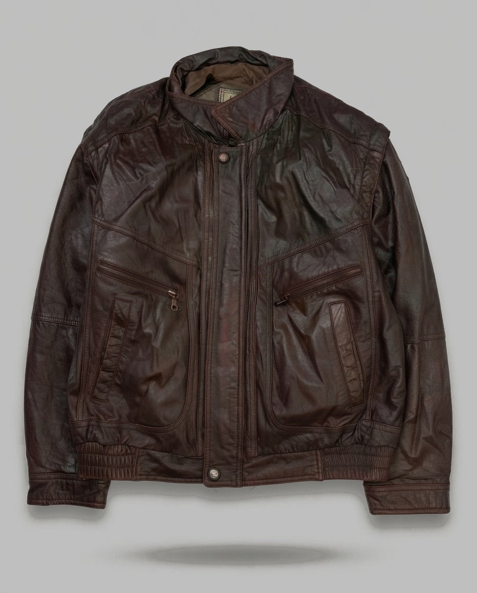 Burgundy leather flight jacket, size L, shown flat from the front. Elasticated Blouson Waist.