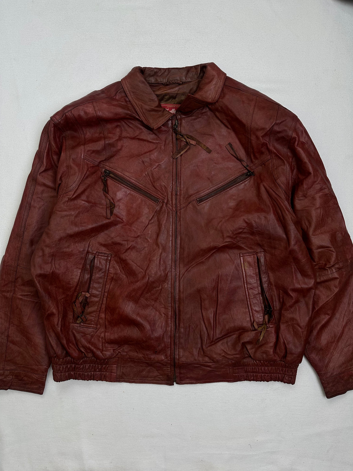 Front of the size XL burgundy leather harrington jacket, laid flat and unedited