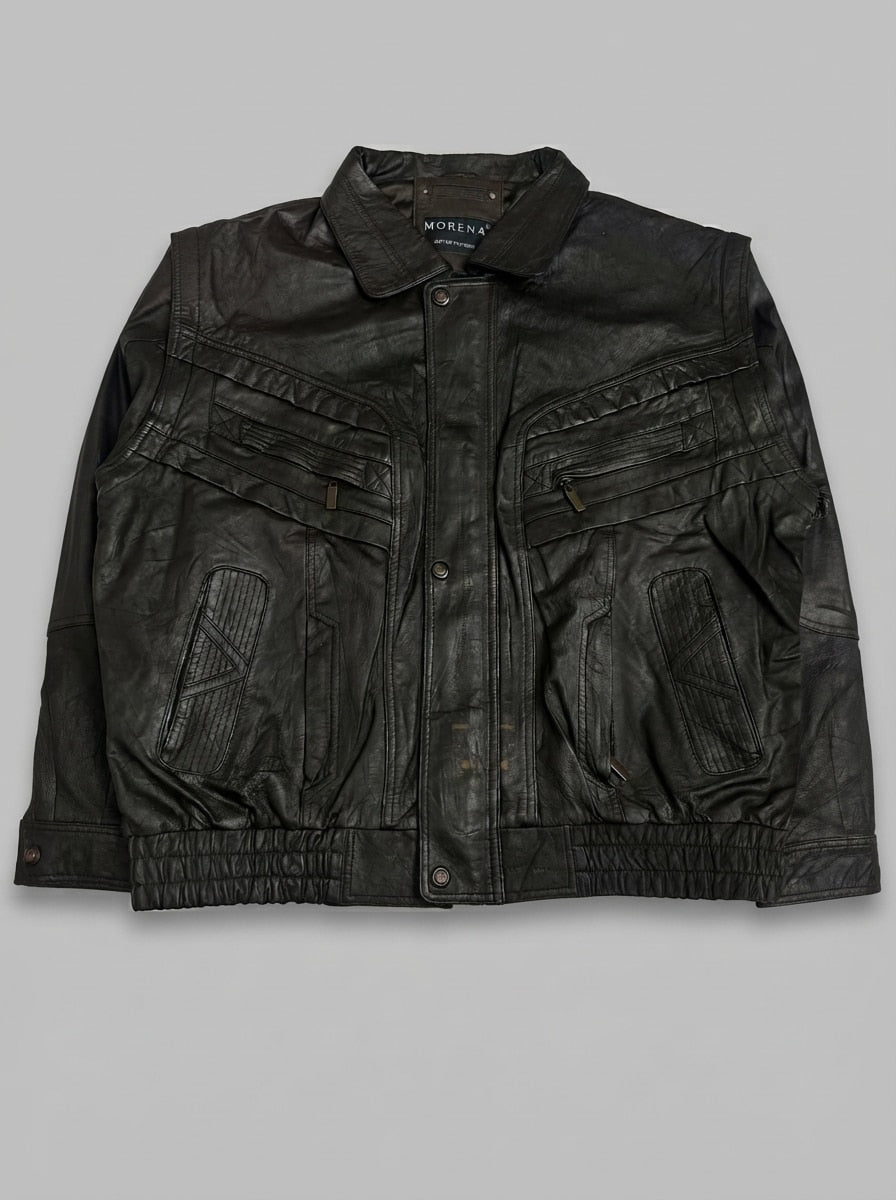 Brown leather harrington jacket, size XL, shown flat from the front. Brown satin lining.