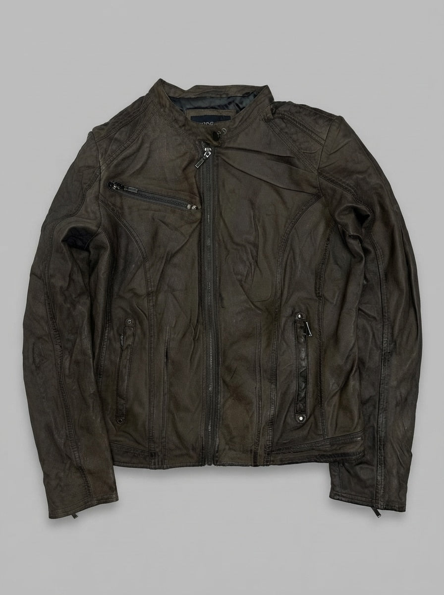 Brown leather cafe racer jacket, size S, shown flat from the front. Chest Zip Pocket.