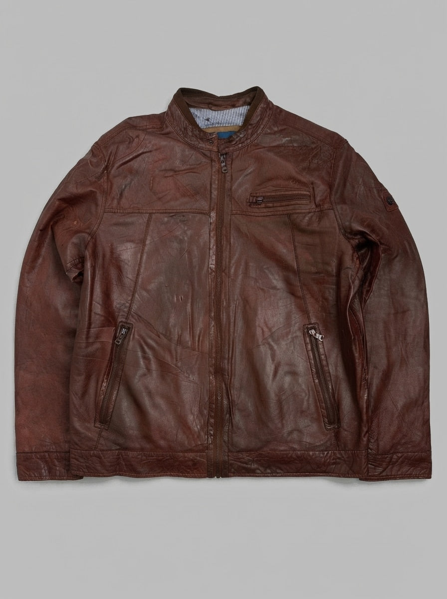 Burgundy leather cafe racer jacket, size L, shown flat from the front. Padded stand collar.