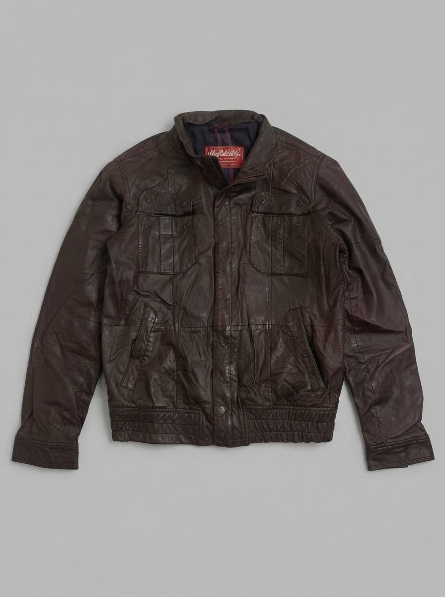 Brown leather flight jacket, size L, shown flat from the front. Twin chest flap pockets.