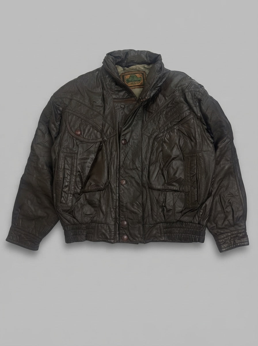 Brown leather flight jacket, size L, shown flat from the front. Olive check lining.