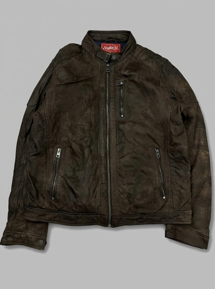 Brown leather cafe racer jacket, size M, shown flat from the front. Burnished Distressed Finish.