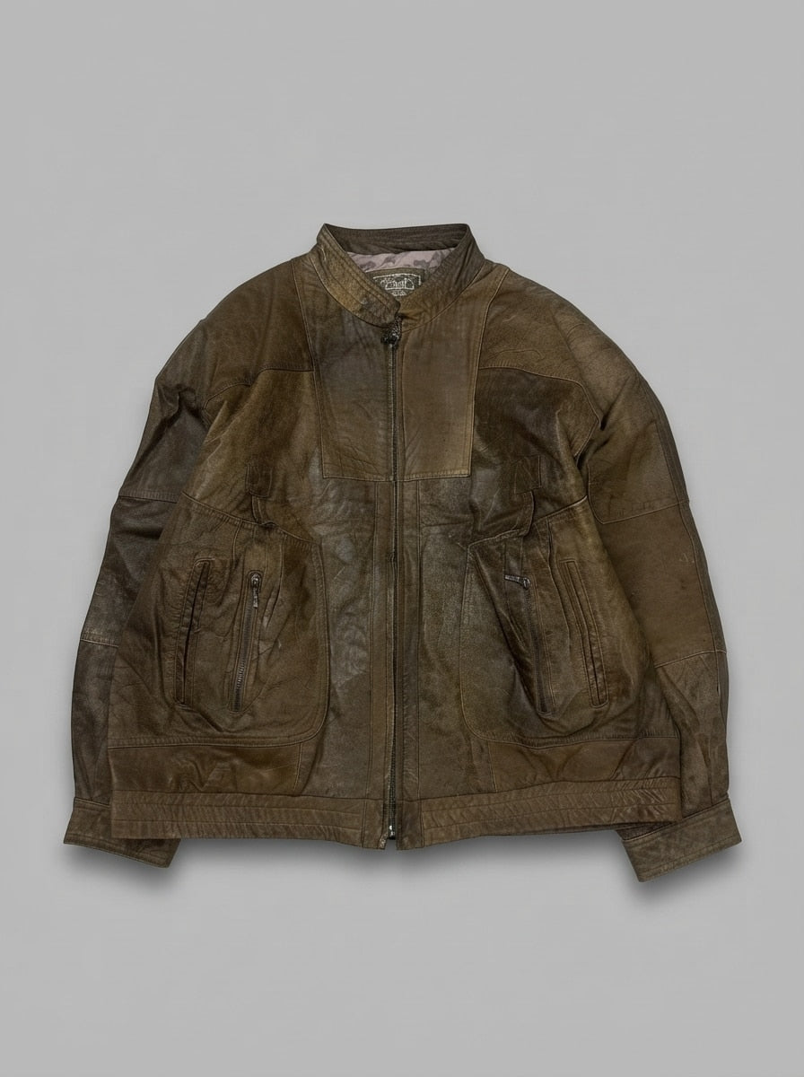 Brown leather cafe racer jacket, size L, shown flat from the front. Patchwork Leather Panels.