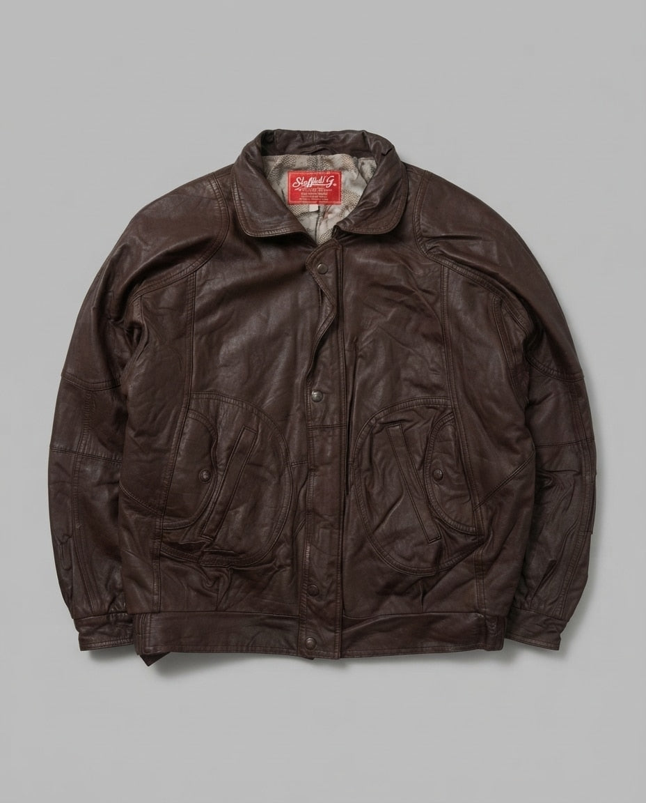 Brown leather harrington jacket, size L, shown flat from the front. Grey printed lining.