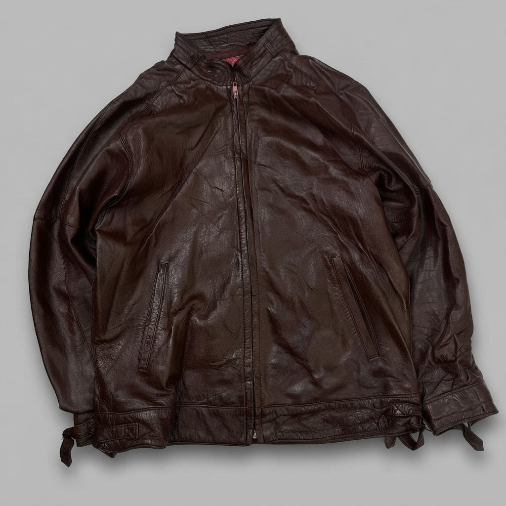 Burgundy leather cafe racer jacket, size L, shown flat from the front. Tie Tab Hem.