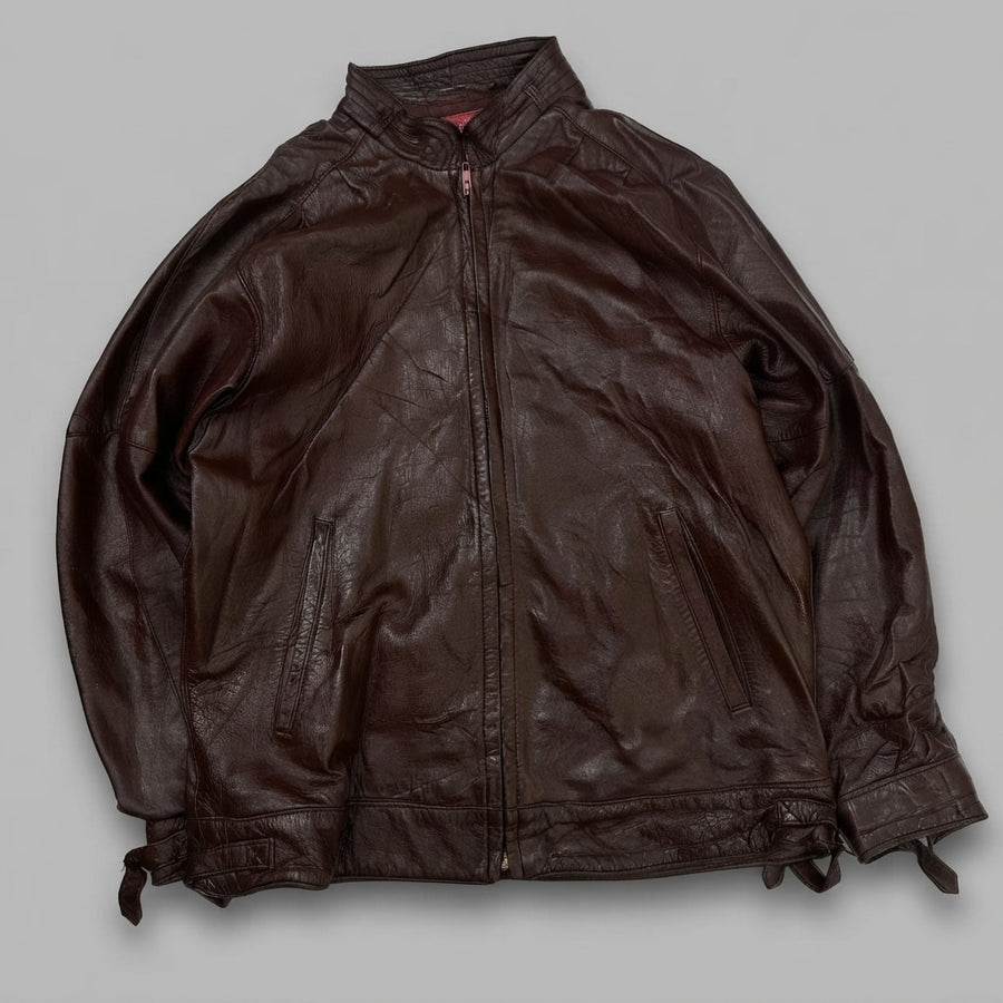 Burgundy leather cafe racer jacket, size L, shown flat from the front. Tie Tab Hem.