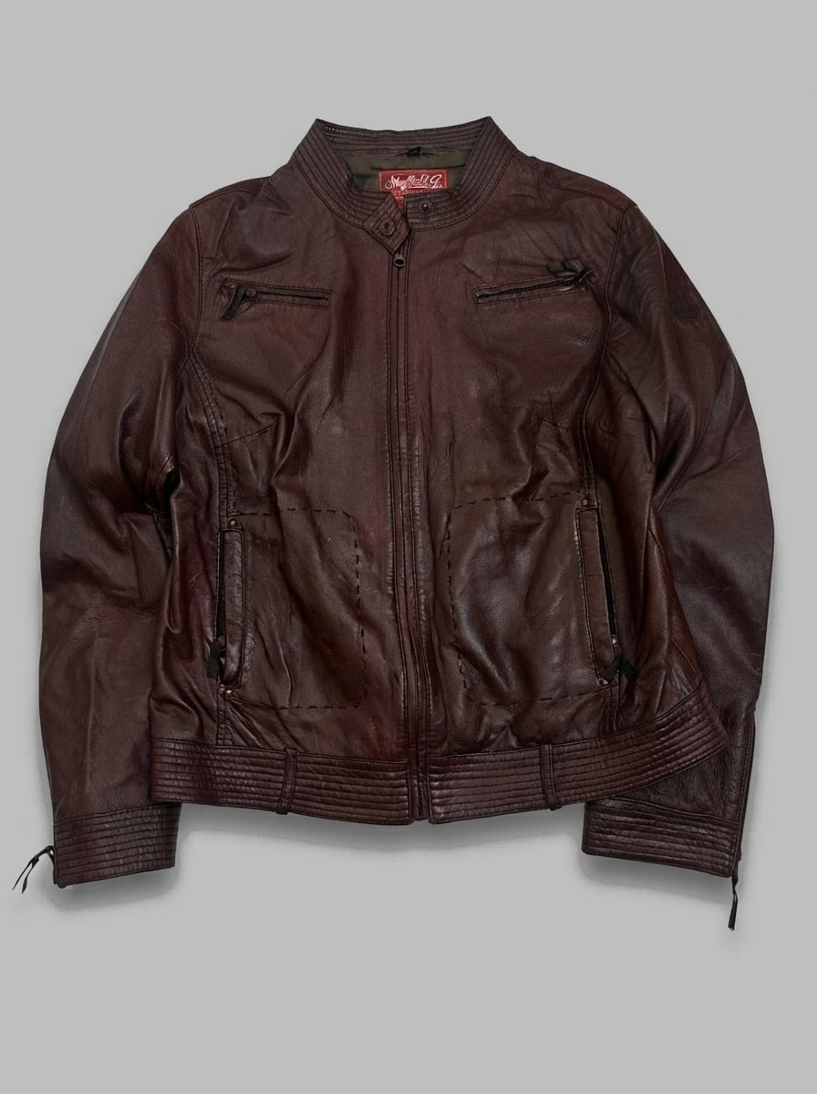 Burgundy leather cafe racer jacket, size S, shown flat from the front. Quilted Hem Band.