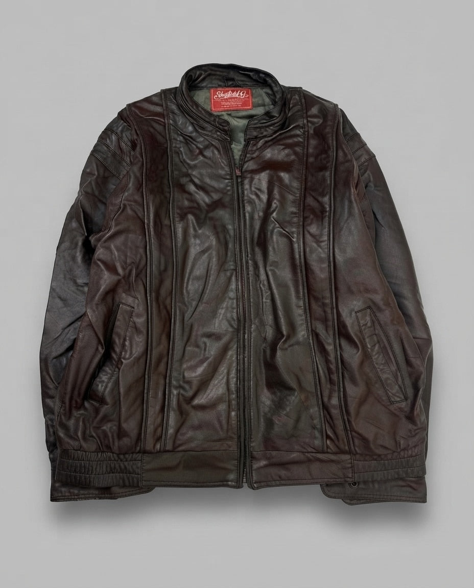 Burgundy leather cafe racer jacket, size L, shown flat from the front. Raised Vertical Panel Seams.