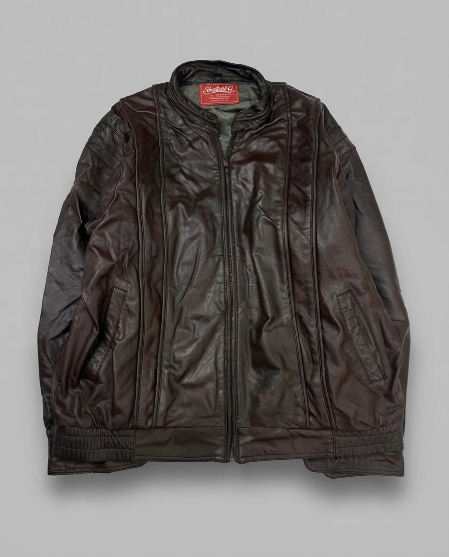 Burgundy leather cafe racer jacket, size L, shown flat from the front. Raised Vertical Panel Seams.