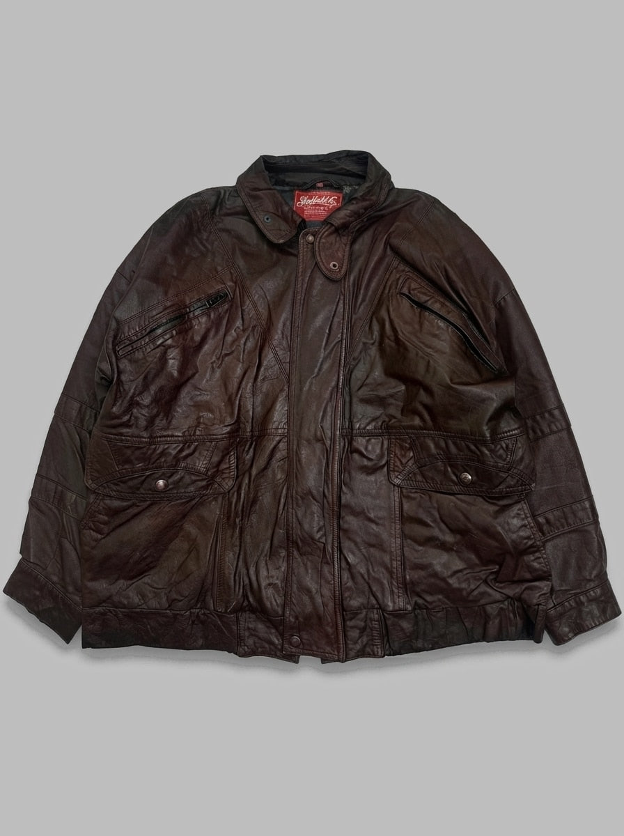 Burgundy leather flight jacket, size M, shown flat from the front. Snap Tab Collar.