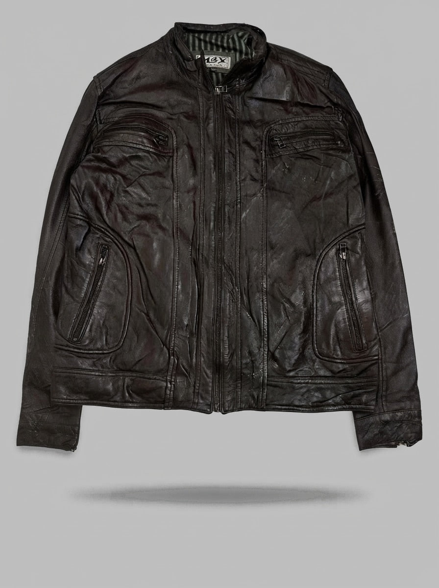 Brown leather cafe racer jacket, size L, shown flat from the front. Grey striped lining.