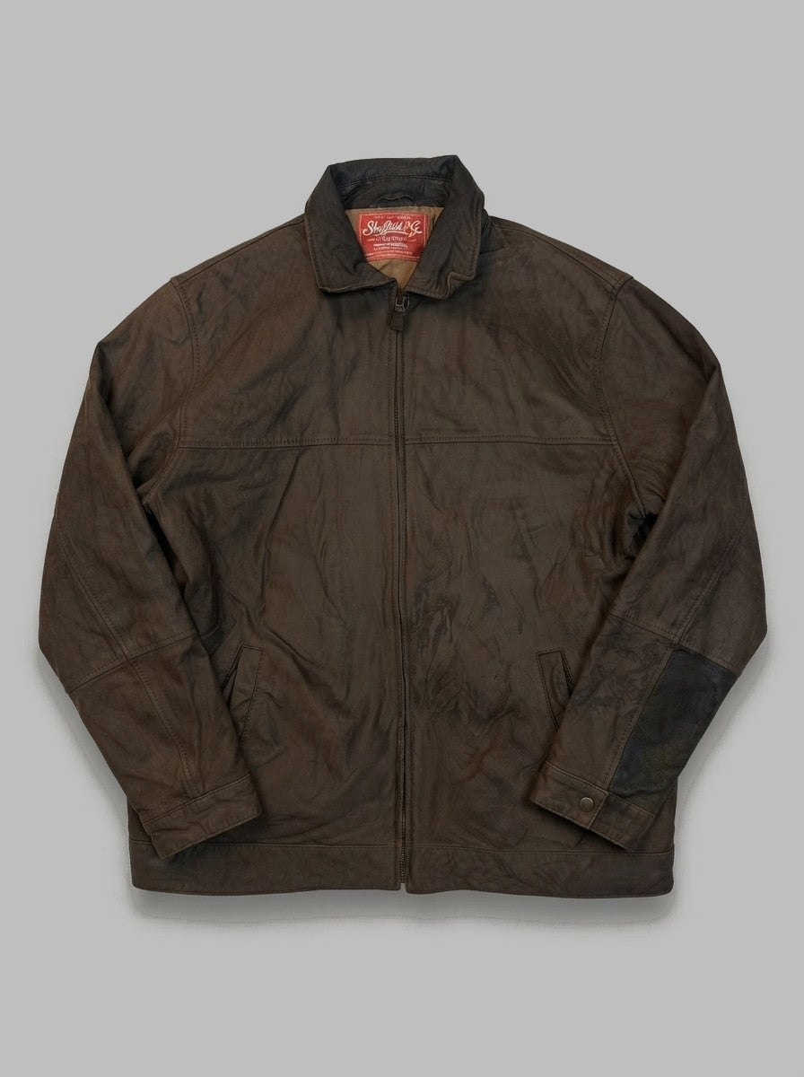 Brown leather vintage jacket, size XL, shown flat from the front. Angled Slash Pockets.