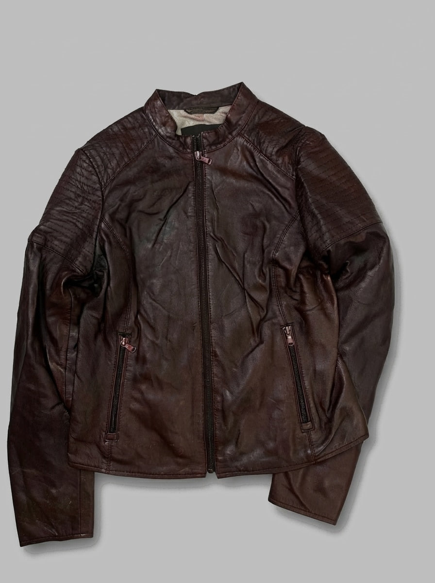Burgundy leather cafe racer jacket, size XS, shown flat from the front. Vertical Zip Pockets.