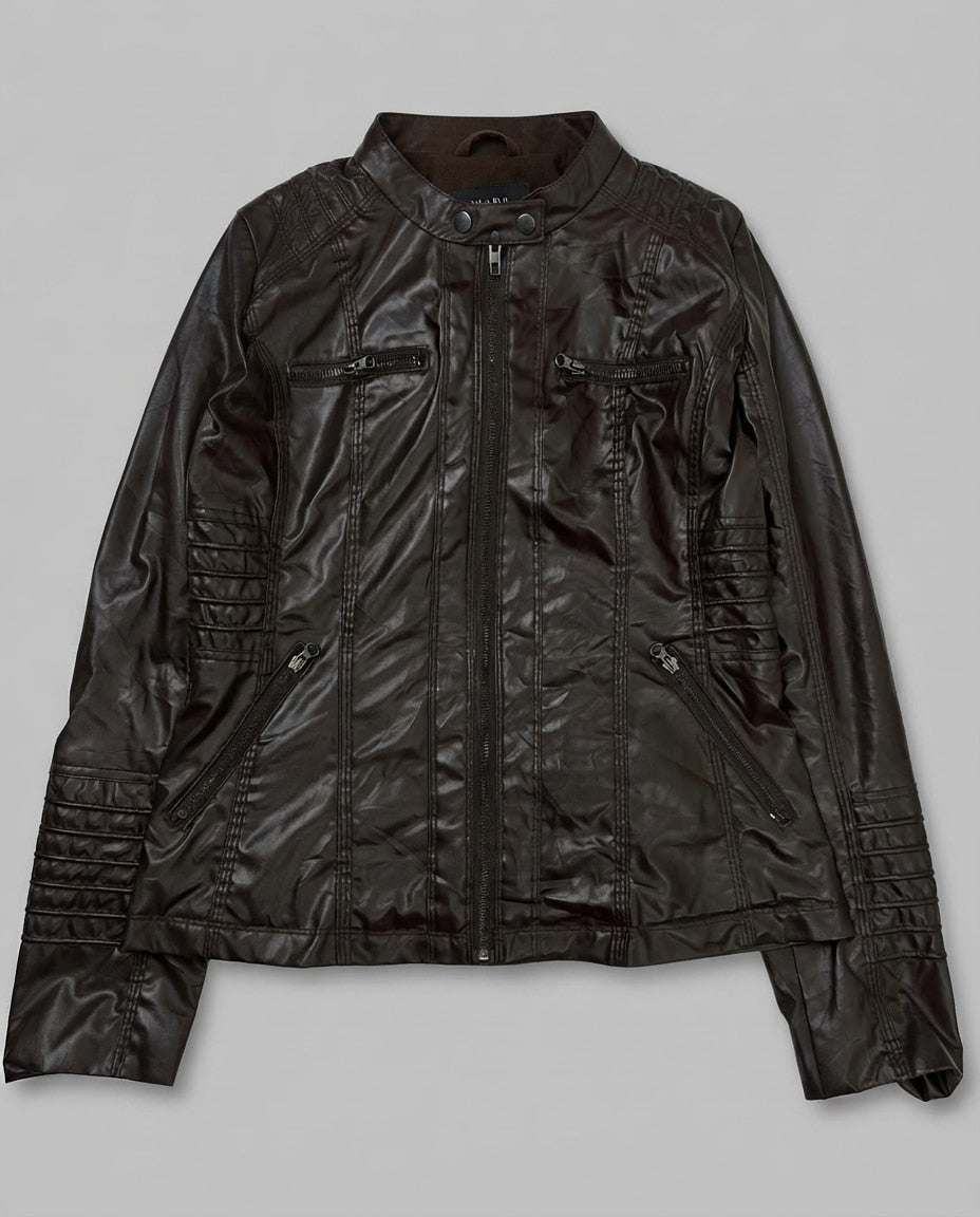 Brown leather hooded jacket, size M, shown flat from the front. Detachable Knit Hood.