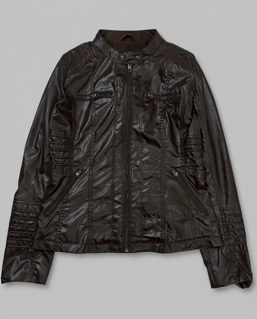 Brown leather hooded jacket, size M, shown flat from the front. Detachable Knit Hood.