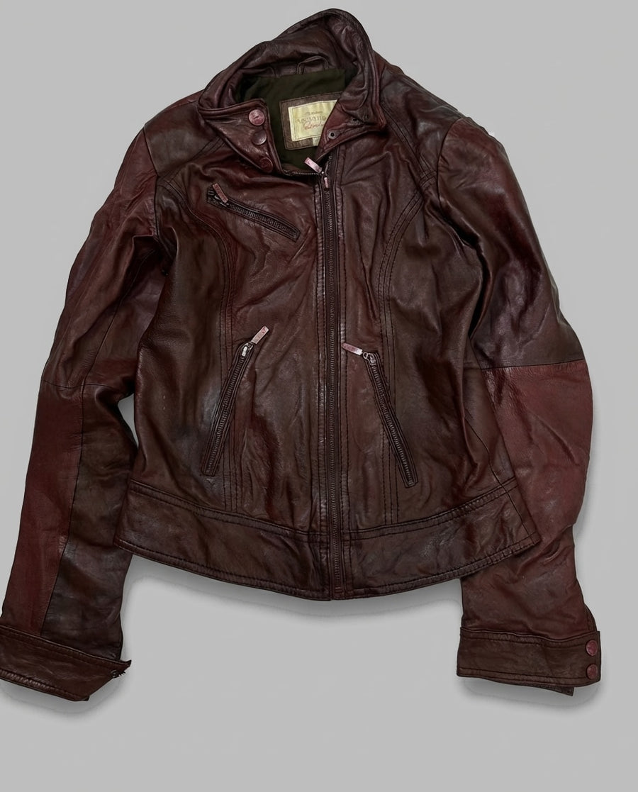 Burgundy leather cafe racer jacket, size S, shown flat from the front. Snap Tab Collar.