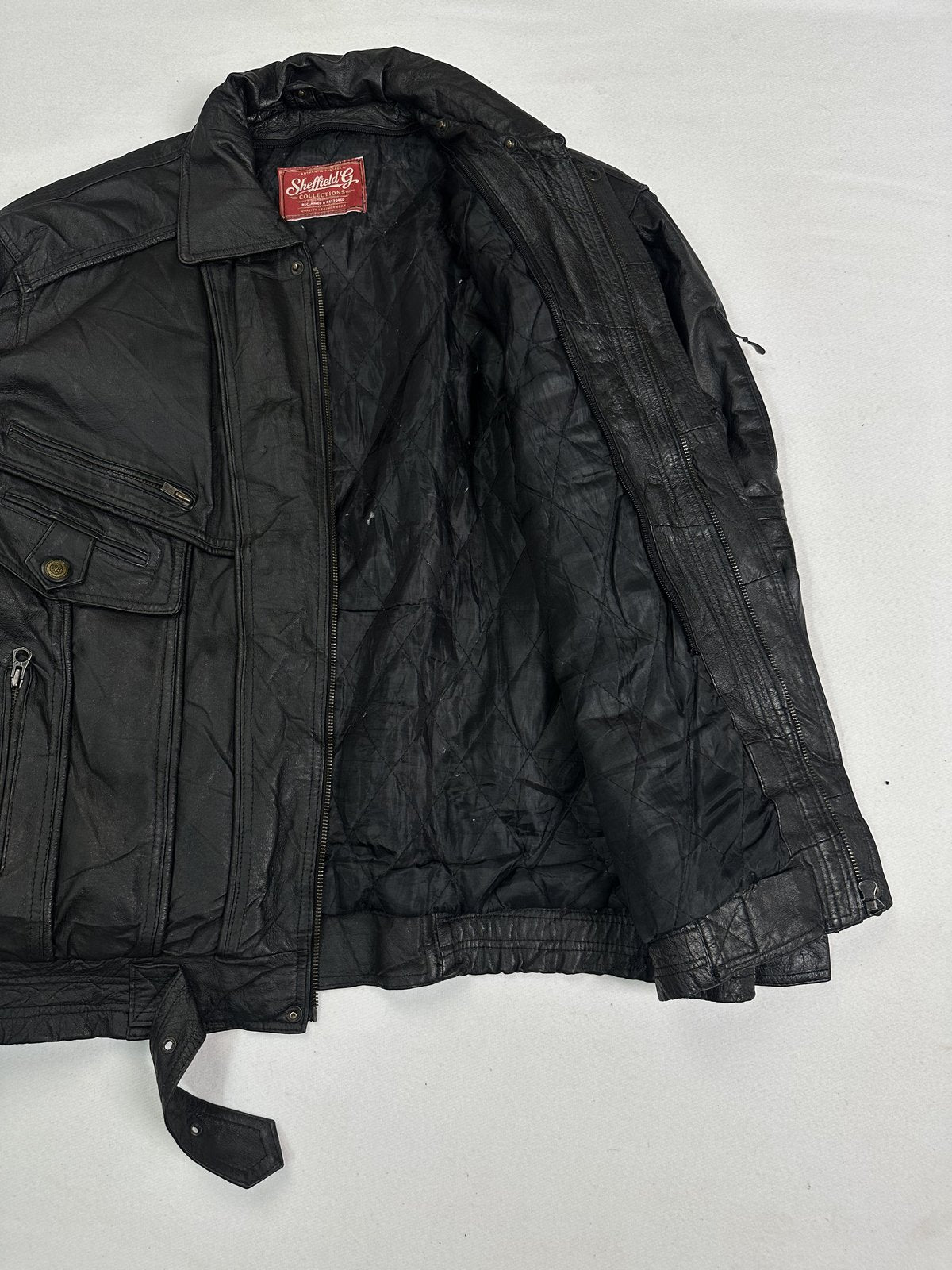 Black real leather field jacket with a 24 inch sleeve, size XXL