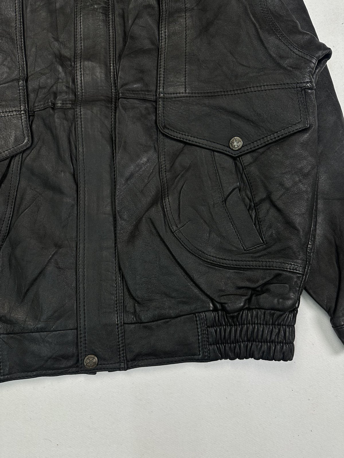 Black leather jacket in very good condition, shown in size XL