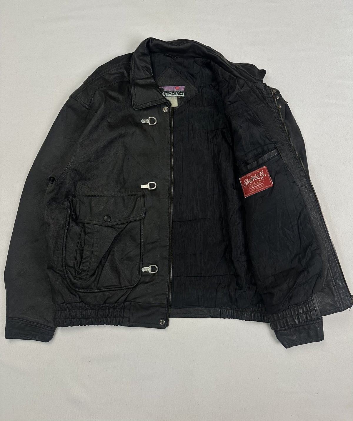 Black real leather jacket with a 24 inch sleeve, size XXL