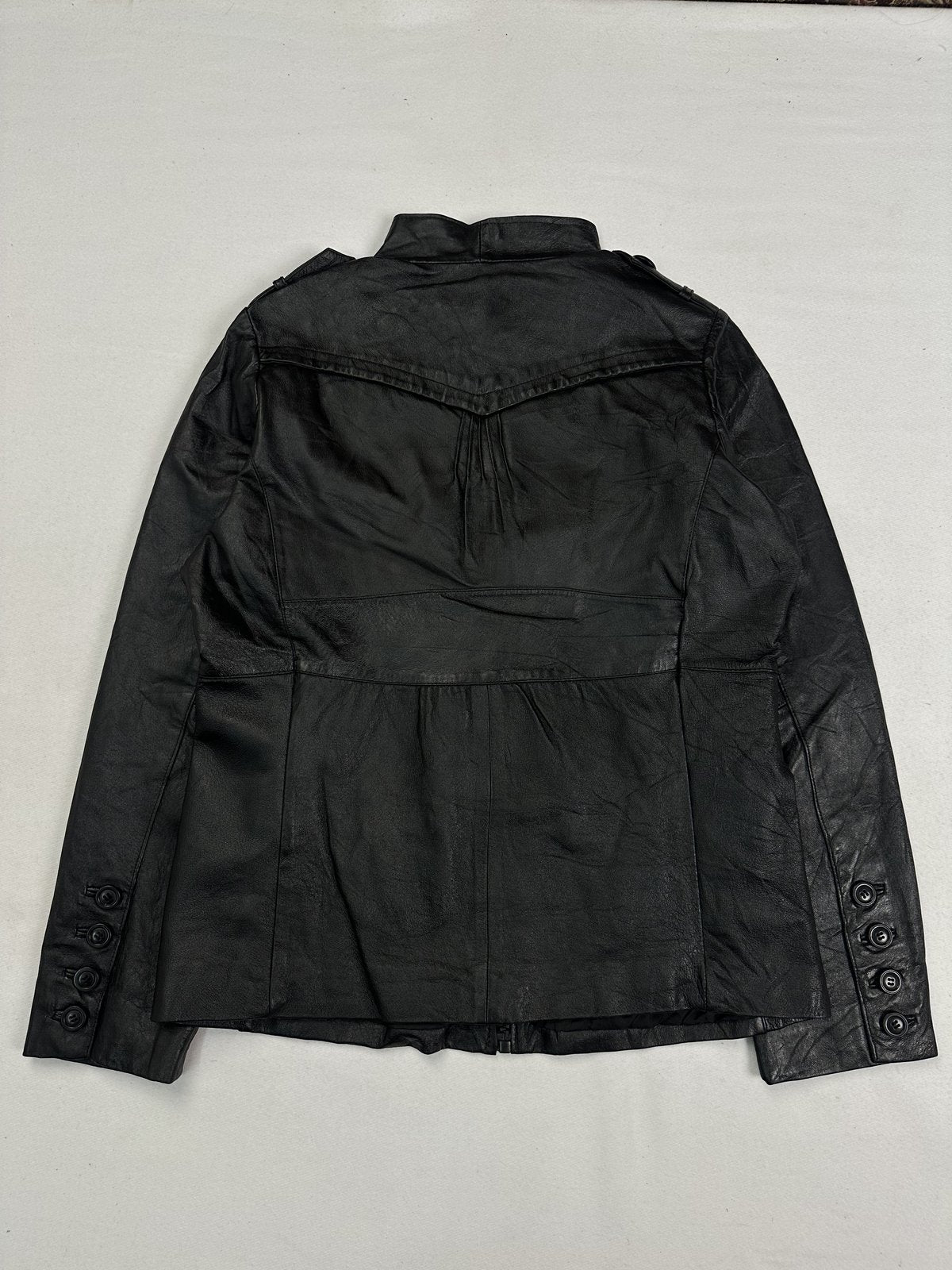Slim shouldered black leather jacket in size M