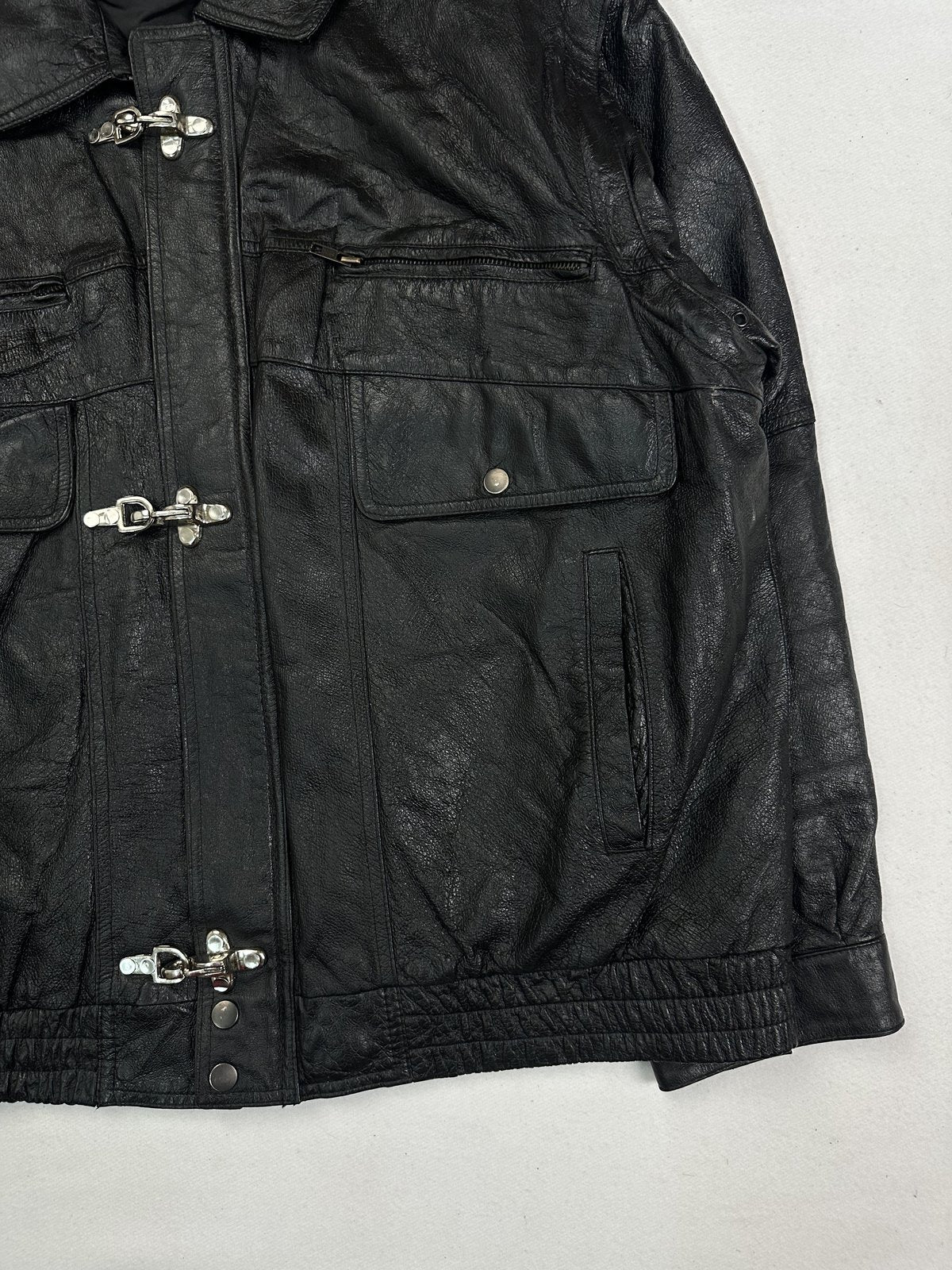 Zipped chest pocket set into the black leather of the XXL jacket