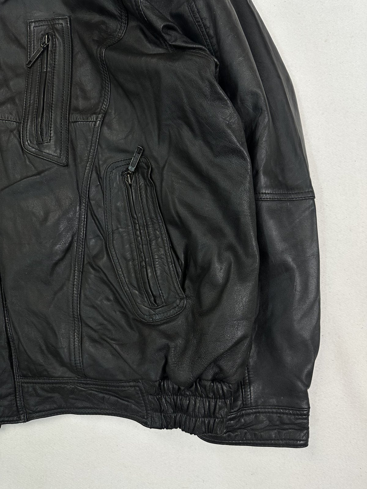 Size XXL jacket in black real leather with a 27 inch chest