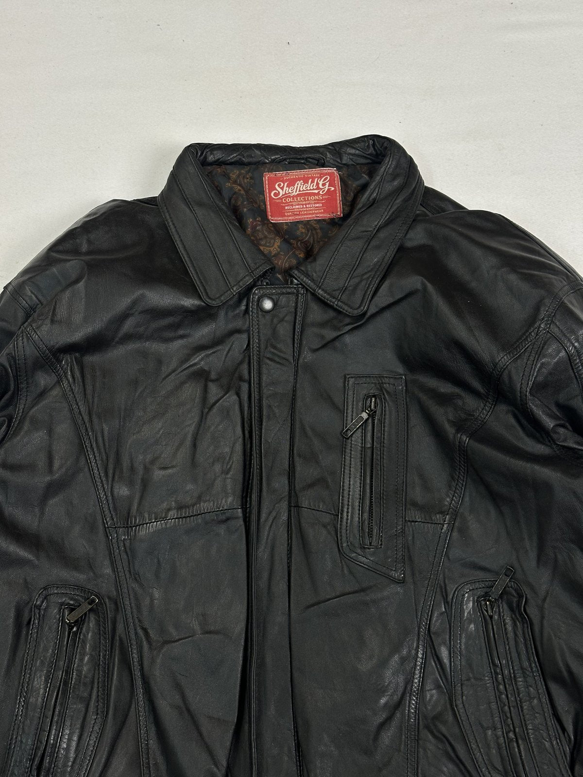 Black leather jacket in very good condition, shown in size XXL