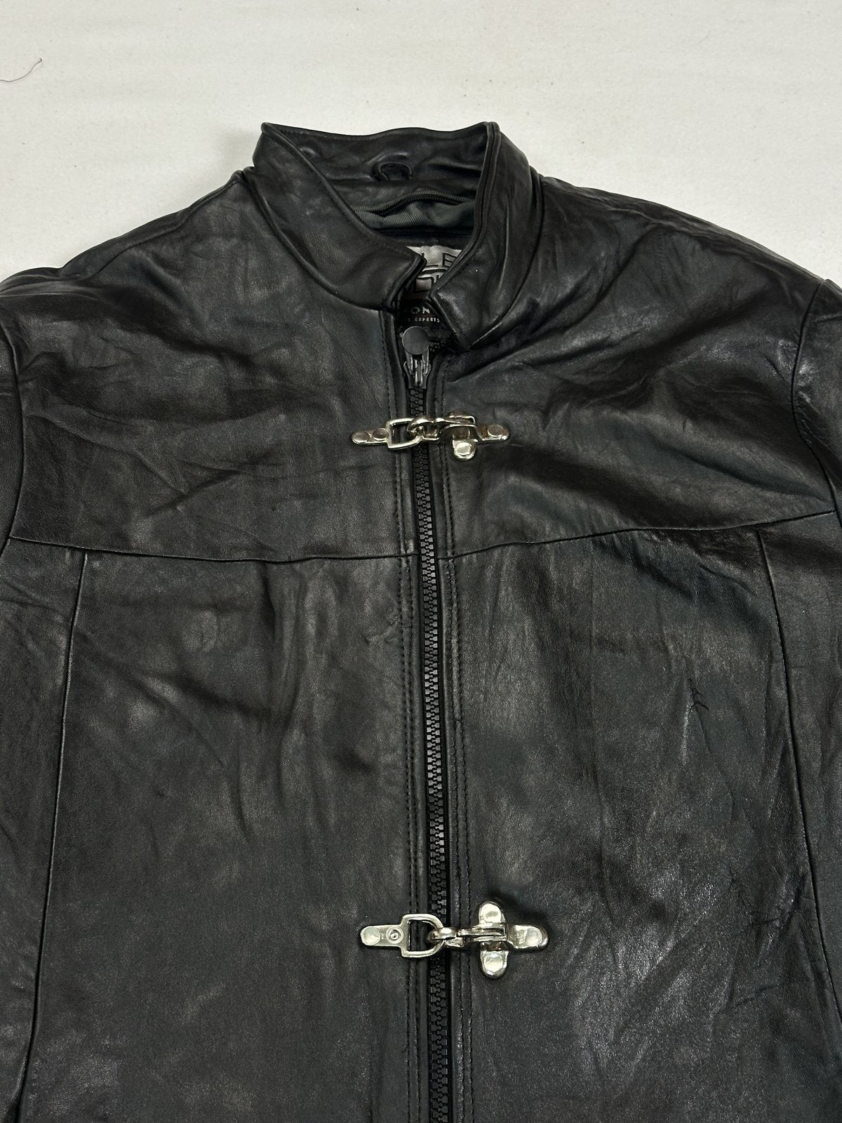 Black leather jacket in very good condition, shown in size L