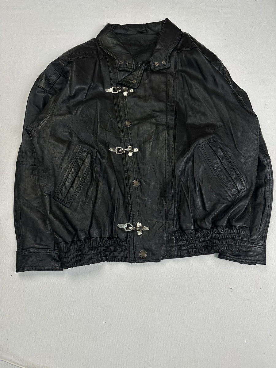 Black leather bomber jacket in size XXL shown from the front with its silver clasp fastenings