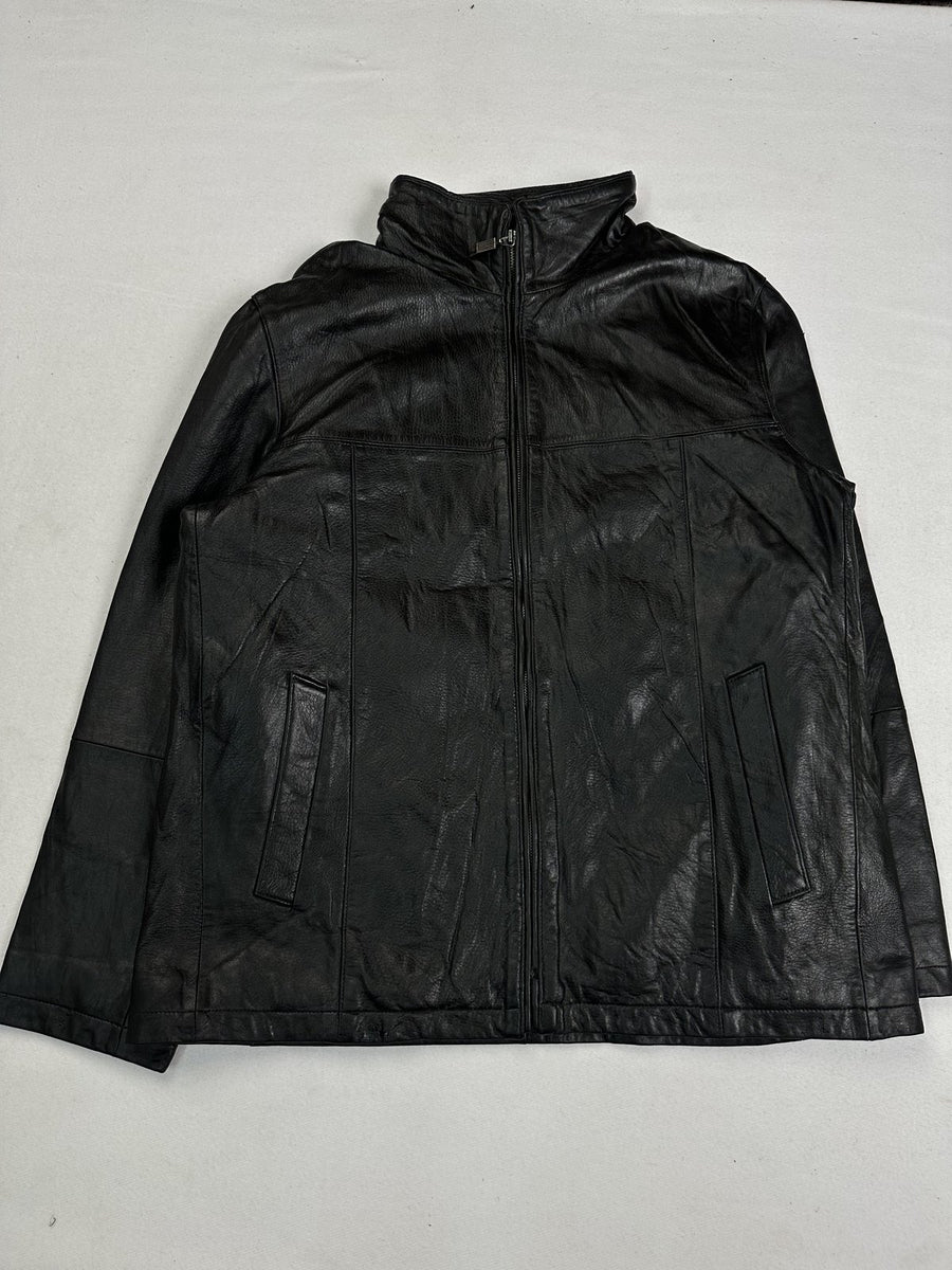 Black leather cafe racer jacket in size XL cut long through the body