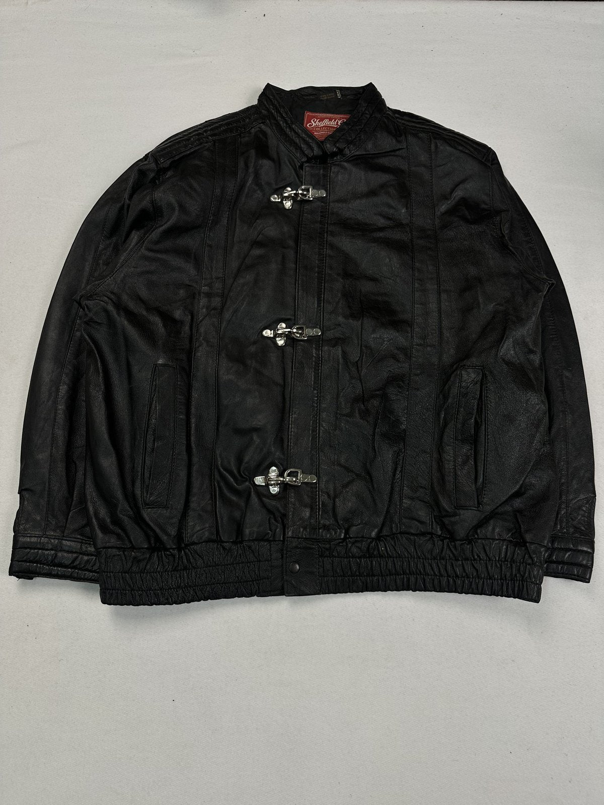 Black leather blouson jacket cut roomy in size XXL