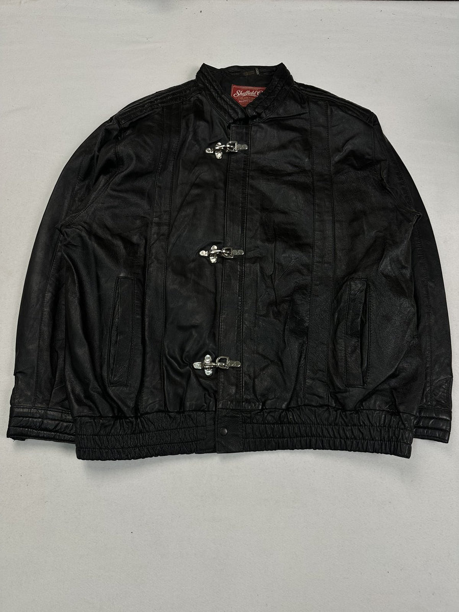 Black leather blouson jacket cut roomy in size XXL