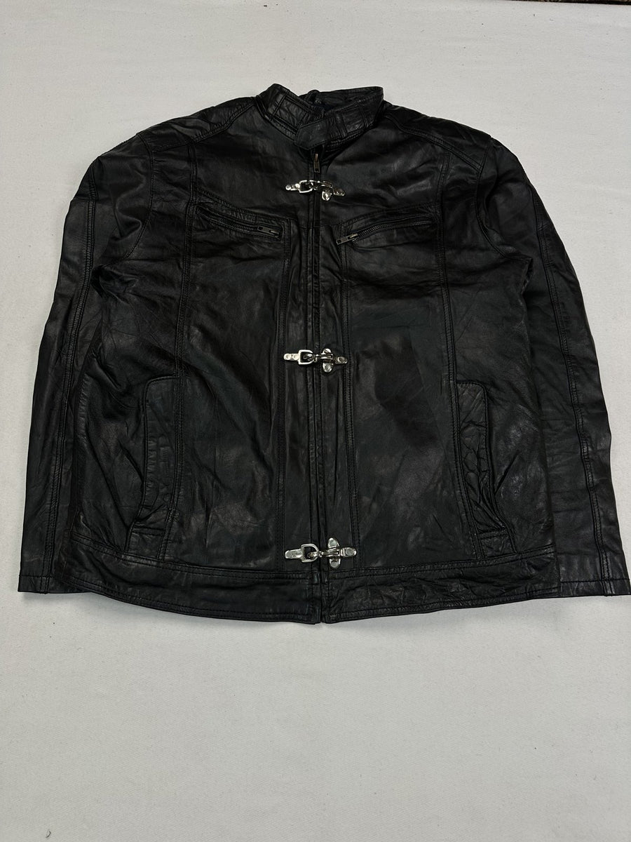 Black leather vintage jacket in size L shown from the front with its mandarin collar
