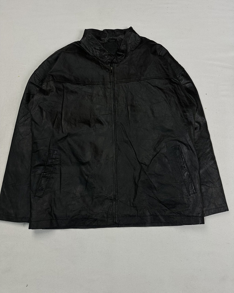 Black leather cafe racer jacket in size XL with minimal hardware
