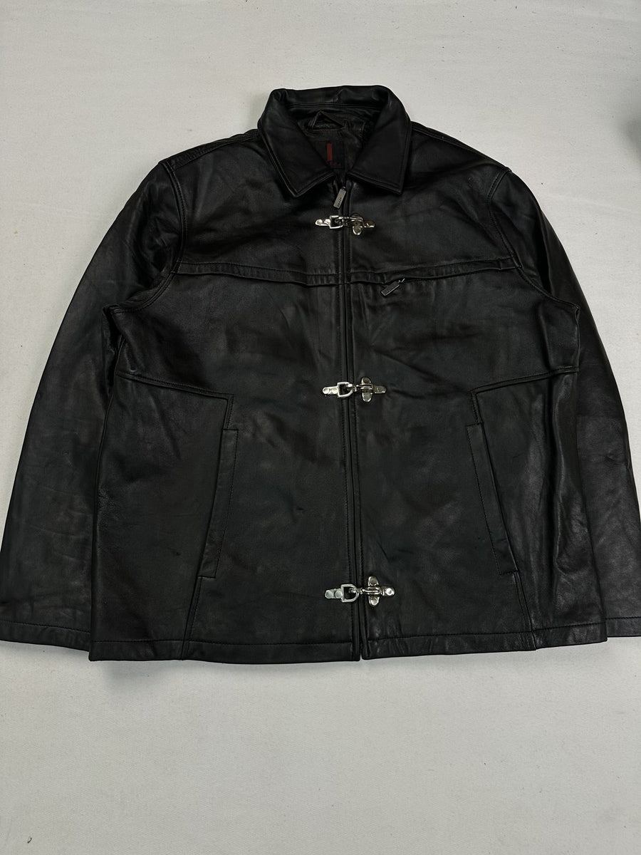 Black leather jacket in size XL with buckle clasps down the front