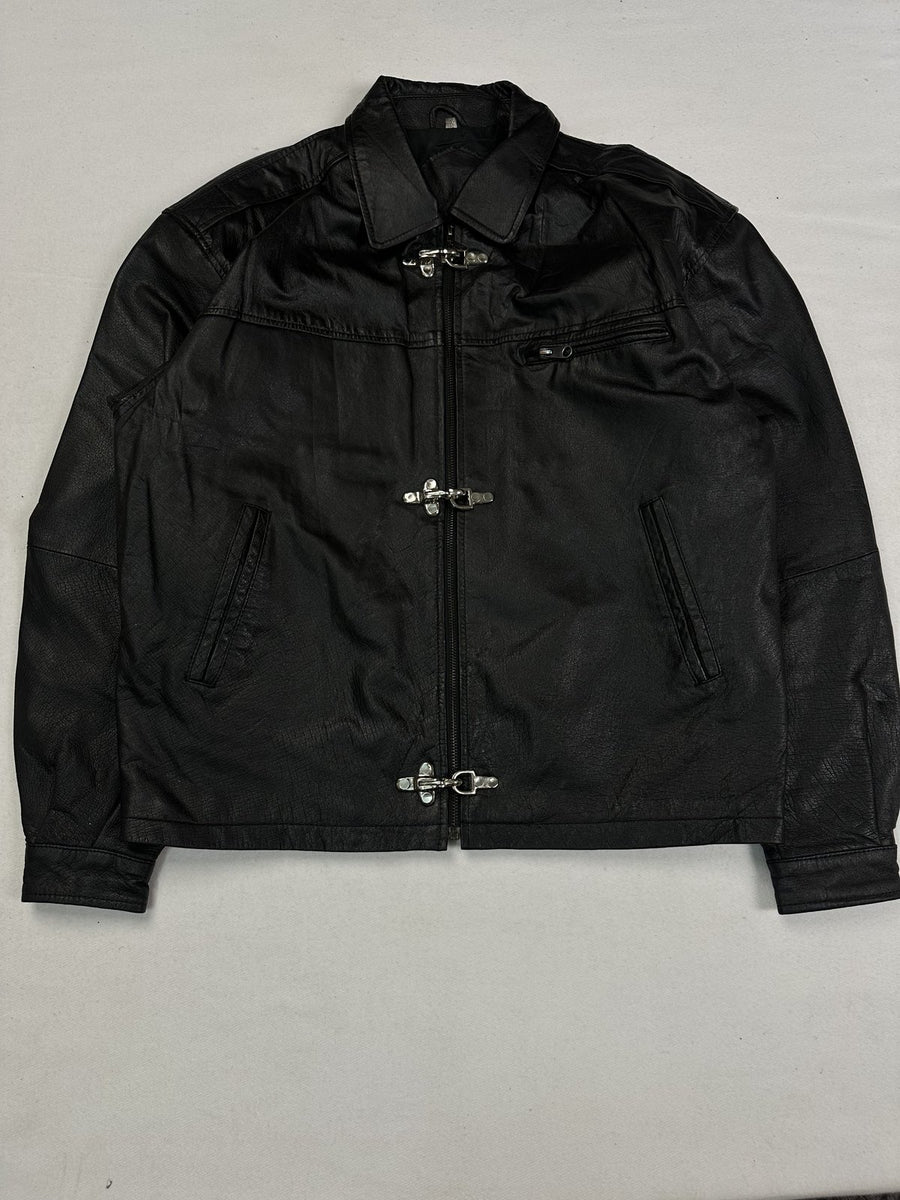 Black leather vintage jacket in size XL shown from the front with its slim silver clasps